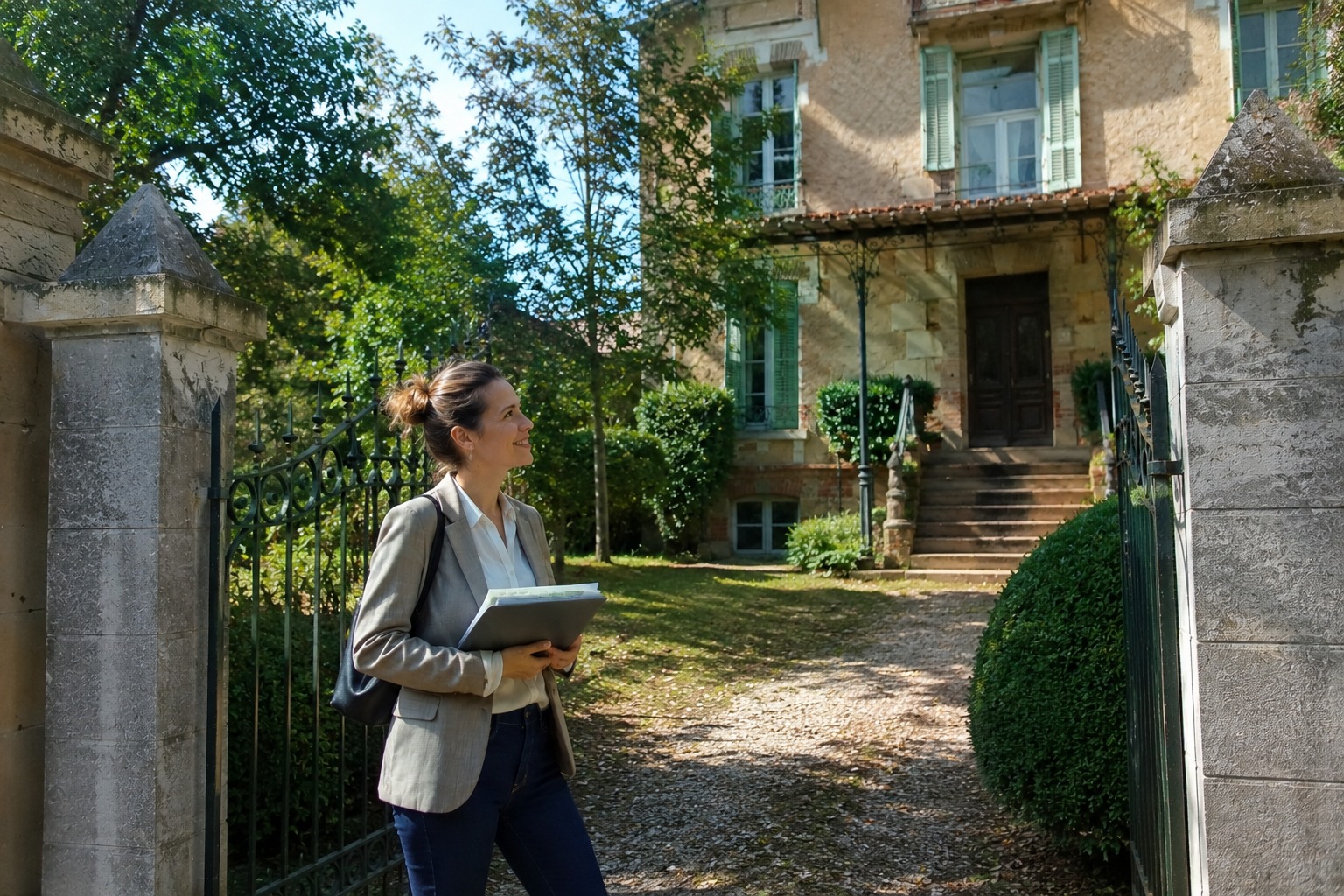 Consultante IMMO NETWORK devant une maison de maître