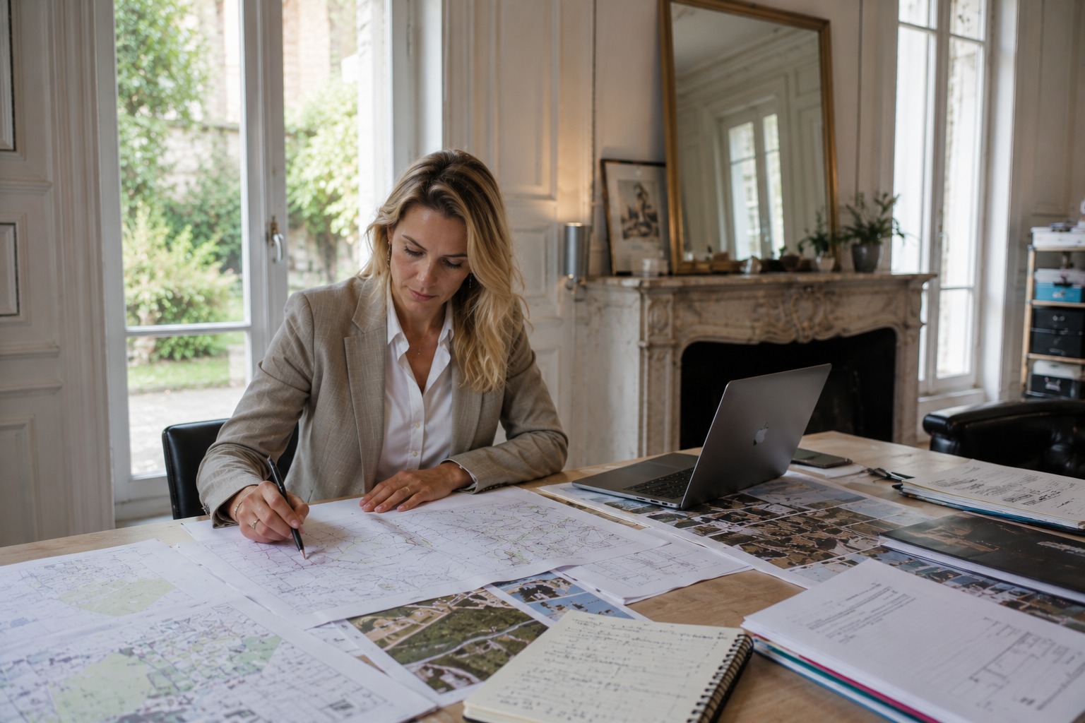 Ingénieure d'affaires analysant des cartes au bureau